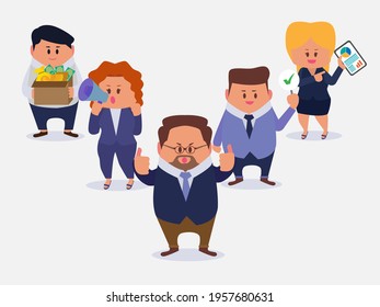 Set of Businesspeople or office workers wearing business suit stand and pose in difference activity in cartoon character, isolated vector illustrations on white background.