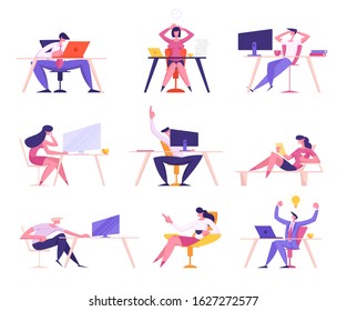 Set of Businesspeople Sitting at Working Places in Office. Businessmen and Businesswomen Work at Laptops and Computers. Daily Routine Workflow. Managers Lifestyle. Cartoon Flat Vector Illustration