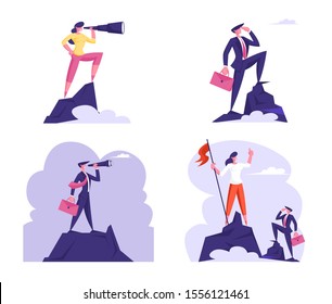 Set of Businesspeople Standing on Mountain Top Watching through Binoculars on Red Flag on other Side of Cliff. Business Goal Vision, Visionary Forecast Prediction. Cartoon Flat Vector Illustration