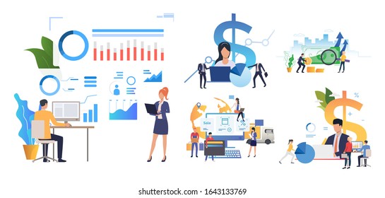 Set of businesspeople studying reports, holding money. Flat vector illustrations of analyzing business strategy. Business or finance concept for banner, website design or landing web page