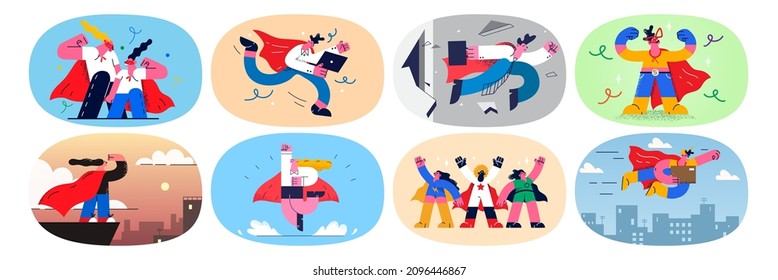 Set of businesspeople as superheroes show power and strength at workplace. Collection of employees or workers as heroes strive for goal achievement. Leadership concept. Vector illustration. 