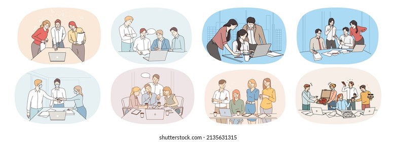 Set of businesspeople team work together at group meeting in office. Collection of diverse employees or workers cooperate discuss ideas at briefing. Teamwork concept. Vector illustration. 