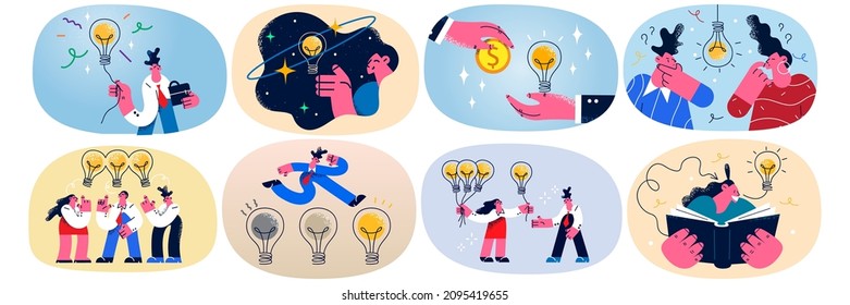 Set of businesspeople think brainstorm over creative innovative project or strategy. Collection of employees near lightbulb generate business idea. Teamwork, innovation. Vector illustration. 