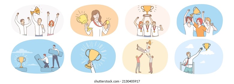 Un grupo de empresarios con trofeo celebran el éxito de negocios compartido. Colección de gente muy feliz con medallas y premios llega al objetivo. Logro de los objetivos. Ilustración vectorial plana. 