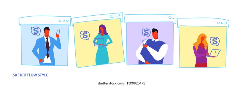 set businesspeople using digital gadgets to earn money dollar growth wealth concept business people holding smartphone and laptop sketch flow style portrait horizontal