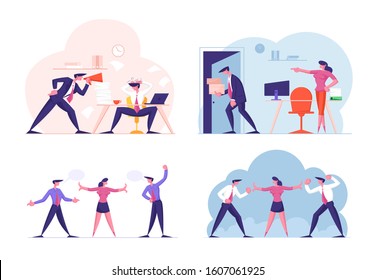 Set of Businesspeople Working Failures and Frustration. Boss Crying on Worker to Megaphone, Employee Get Fired from Job, Colleagues Quarrel and Prepare to Fighting. Cartoon Flat Vector Illustration