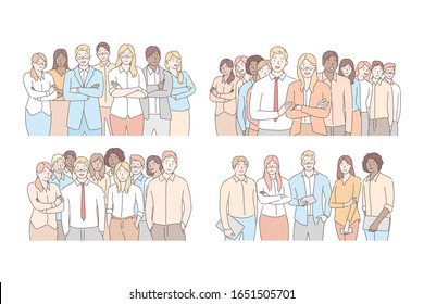 Set of businesspeoples teams concept. Collection of business people, young businessmen and women colleagues, united by coworking or teamwork in office together. Group of managers. Simple flat vector