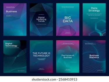 Set of business-themed posters with digital marketing, data strategy, and technology trends. Futuristic design with geometric patterns and bold text. Digital business and big data template vector set.