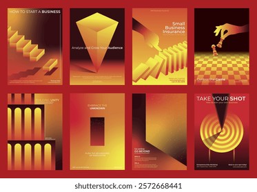 Set of business-themed posters in red and yellow. Includes concepts like strategy, growth, and innovation. Ideal for business, strategy, and growth inspiration.