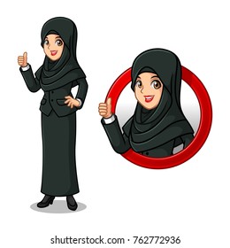 Set of businesswoman in black suit with veil cartoon character design, inside the circle logo concept with showing like, ok, good job, satisfied sign gesture with his thumbs up, isolated against white