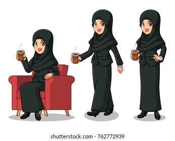 Set of businesswoman in black suit with veil cartoon character design making a break relaxing with holding drinking a coffee tea, isolated against white background.
