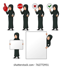 Set of businesswoman in black suit with veil cartoon design holding a blank empty sign board banner billboard card poster, number one big foam hand finger, stop, right correct yes and wrong no signs.