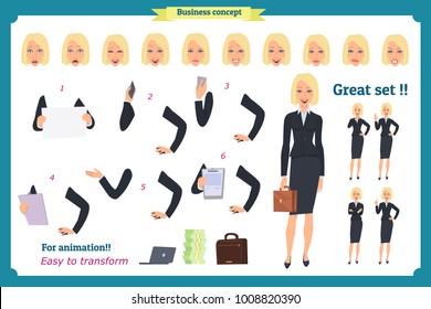 Set of Businesswoman character design with different poses. .Illustration isolated vector on white in flat cartoon style.Blonde Women in office clothes. Business people