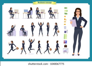 Set of Businesswoman character design with different poses.Elegant female office assistant sitting at the table with computer.Vector flat style illustration isolated on white.secretary working at desk