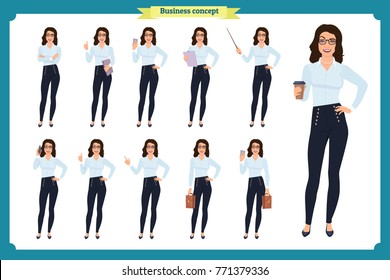 Set of Businesswoman character design with different poses. .Illustration isolated vector on white  in flat cartoon style.Woman in office clothes. Business people