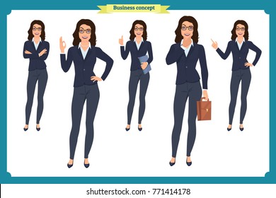 Set of  Businesswoman character design with different poses. Illustration isolated vector on white  in flat cartoon style.Woman in office clothes. Business people