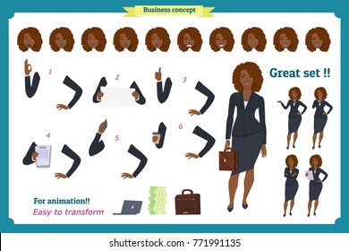 Set Of Businesswoman Character Design With Different Poses.Illustration Isolated Vector On White  In Flat Cartoon Style.Woman In Office Clothes.Business People.Flat For Animation.Black Woman Character