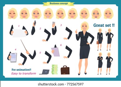 Set of Businesswoman character design with different poses. .Illustration isolated vector on white in flat cartoon style.Blonde Women in office clothes. Business people