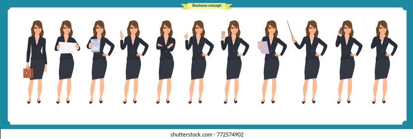 Set of Businesswoman character design with different poses. .Illustration isolated vector on white  in flat cartoon style.Woman in office clothes. Business people