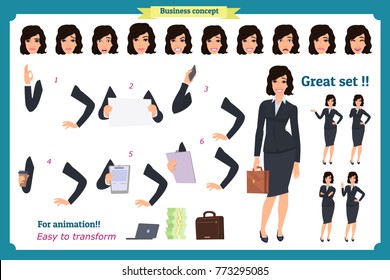 Set of Businesswoman character design with different poses. Illustration isolated vector on white in flat cartoon style. Women in office clothes. Business people.Flat constructor for animation