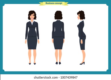 Set of Businesswoman character design. Front, side, back. Business girl. Cartoon style, flat vector isolated
