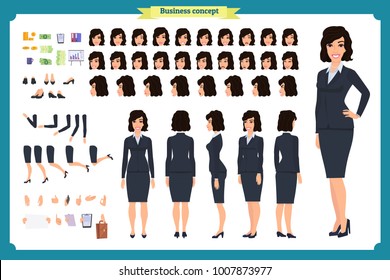 Set of Businesswoman character design.Front, side, back view animated character.Business girl character creation set with various views, poses and gestures.Cartoon style, flat vector isolated.Bussines