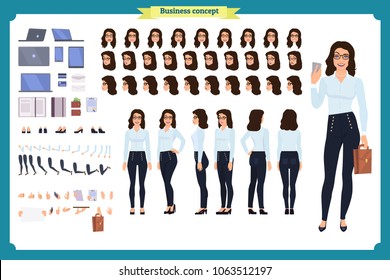 Set of Businesswoman character design.Front, side, back view animated character.Business girl character creation set with various views, poses and gestures. Cartoon style, flat vector isolated