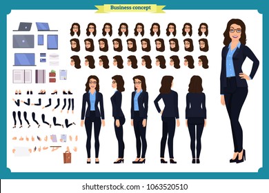 Set of Businesswoman character design.Front, side, back view animated character.Business girl character creation set with various views, poses and gestures. Cartoon style, flat vector isolated