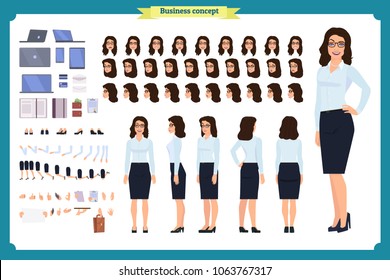 Set of Businesswoman character design.Front, side, back view animated character.Business girl character creation set with various views, poses and gestures.Cartoon style,flat vector isolated.Bussiness