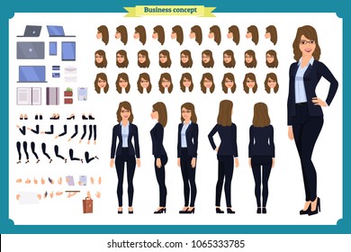 Set of Businesswoman character design.Front, side, back view animated character.Business girl character creation set with various views, poses and gestures. Cartoon style, flat vector isolated