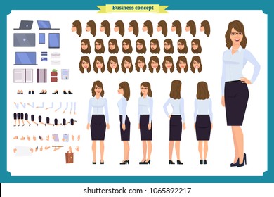 Set of Businesswoman character design.Front, side, back view animated character.Business girl character creation set with various views, poses and gestures.Cartoon style,flat vector isolated.Bussiness