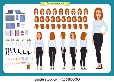 Set of Businesswoman character design.Front, side, back view animated character.Business girl character creation set with various views, poses and gestures.Cartoon style,flat vector isolated.Bussiness