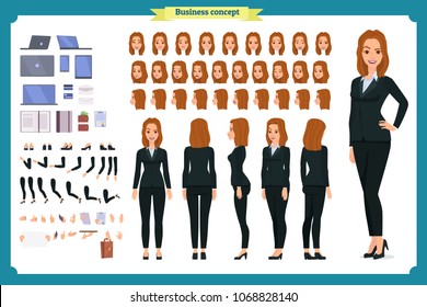 Set of Businesswoman character design.Front, side, back view animated character.Business girl character creation set with various views, poses and gestures. Cartoon style, flat vector isolated