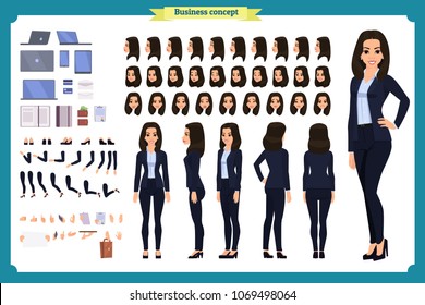 Set of Businesswoman character design.Front, side, back view animated character.Business girl character creation set with various views, poses and gestures. Cartoon style, flat vector isolated