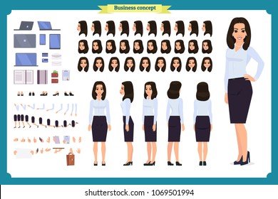 Set of Businesswoman character design.Front, side, back view animated character.Business girl character creation set with various views, poses and gestures.Cartoon style,flat vector isolated.Bussiness