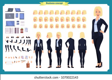 Set of Businesswoman character design.Front, side, back view animated character.Business girl character creation set with various views, poses and gestures. Cartoon style, flat vector isolated