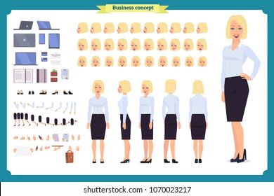 Set of Businesswoman character design.Front, side, back view animated character.Business girl character creation set with various views, poses and gestures.Cartoon style,flat vector isolated.Bussiness