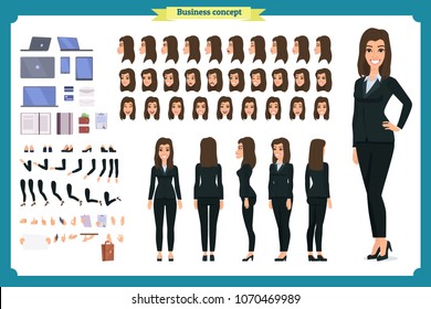 Set of Businesswoman character design.Front, side, back view animated character.Business girl character creation set with various views, poses and gestures. Cartoon style, flat vector isolated