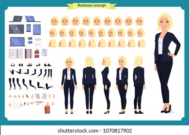 Set of Businesswoman character design.Front, side, back view animated character.Business girl character creation set with various views, poses and gestures. Cartoon style, flat vector isolated