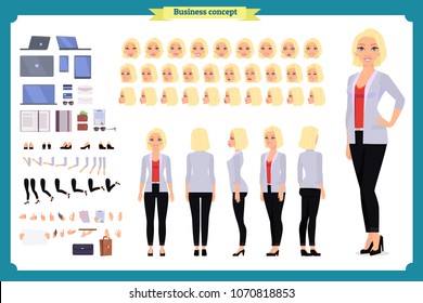 Set of Businesswoman character design.Front, side, back view animated character.Business girl character creation set with various views, poses and gestures. Cartoon style, flat vector isolated