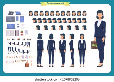 Set of Businesswoman character design.Front, side, back view animated character.Business girl character creation set with various views, poses and gestures. flat style vector isolated.simple, sketch
