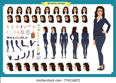 Set of Businesswoman character design.Front, side, back view animated character.Business girl character creation set with various views, poses and gestures. Cartoon style, flat vector isolated