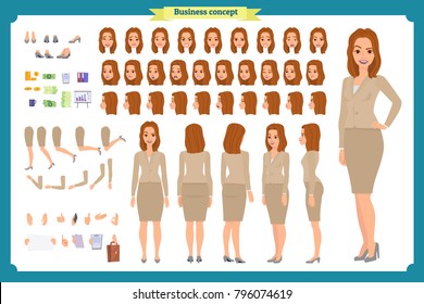 Set of Businesswoman character design.Front, side, back view animated character.Business girl character creation set with various views, poses and gestures.Cartoon style, flat vector isolated.Business