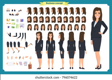 Set of Businesswoman character design.Front, side, back view animated character.Business girl character creation set with various views, poses and gestures.Cartoon style, flat vector isolated.Business