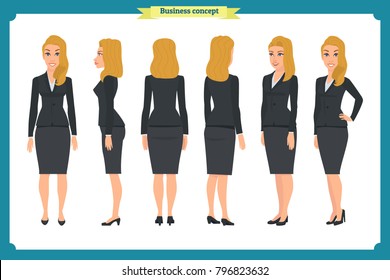 Set of Businesswoman character design.Front, side, back.Business girl, woman. Cartoon style, flat vector isolated.Business