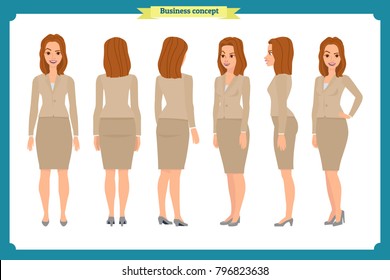 Set of Businesswoman character design.Front, side, back.Business girl, woman. Cartoon style, flat vector isolated.Business