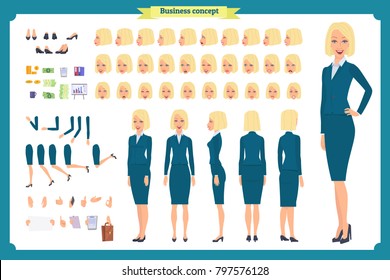 Set of Businesswoman character design.Front, side, back view animated character.Business girl character creation set with various views, poses and gestures.Cartoon style, flat vector isolated.Business