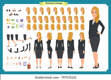 Set of Businesswoman character design.Front, side, back view animated character.Business girl character creation set with various views, poses and gestures.Cartoon style, flat vector isolated.Business