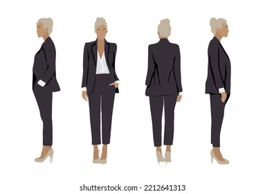 Conjunto de personajes de la mujer de negocios en diferentes poses. Atractiva jefa de la dama rubia con traje oscuro formal y tacones altos parados frente, detrás y de lado. Ilustración vectorial realista aislada blanca.