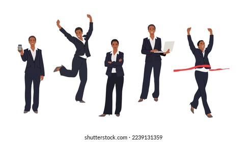 Conjunto de personajes de la mujer de negocios en diferentes poses. Mujer negra muy joven con traje formal de pie, mostrando teléfono, usando laptop, corriendo. Ilustración vectorial realista aislada en fondo blanco